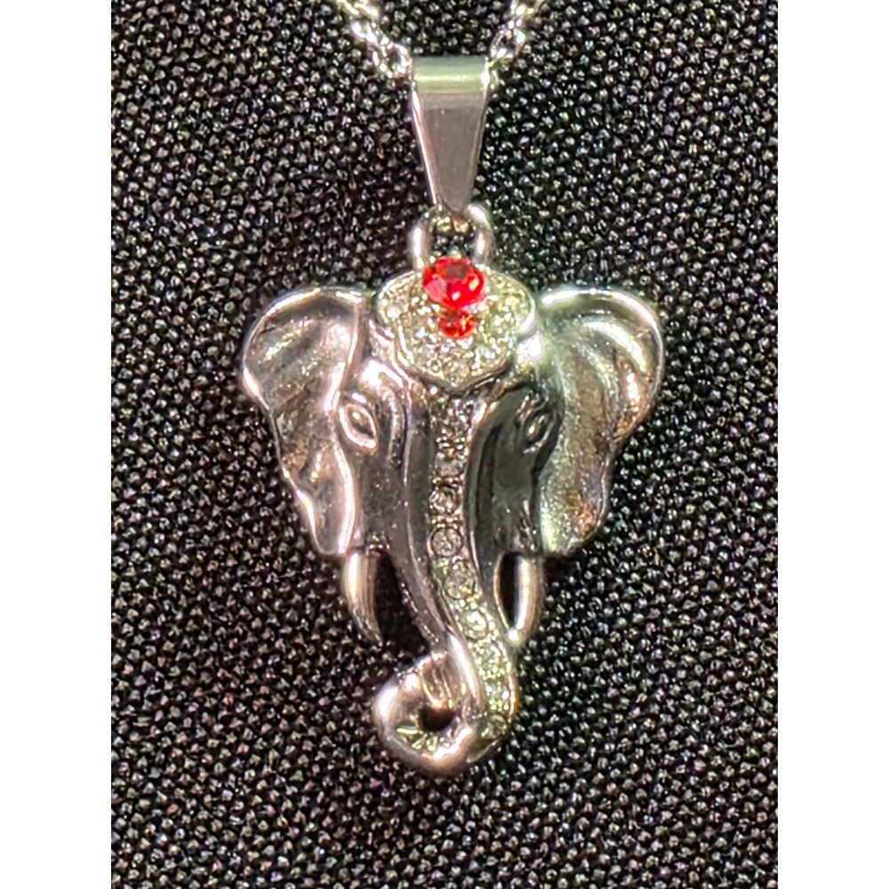 Silver Tone Elephant Pendant Necklace Red Crystal Accent 316L Stainless Steel